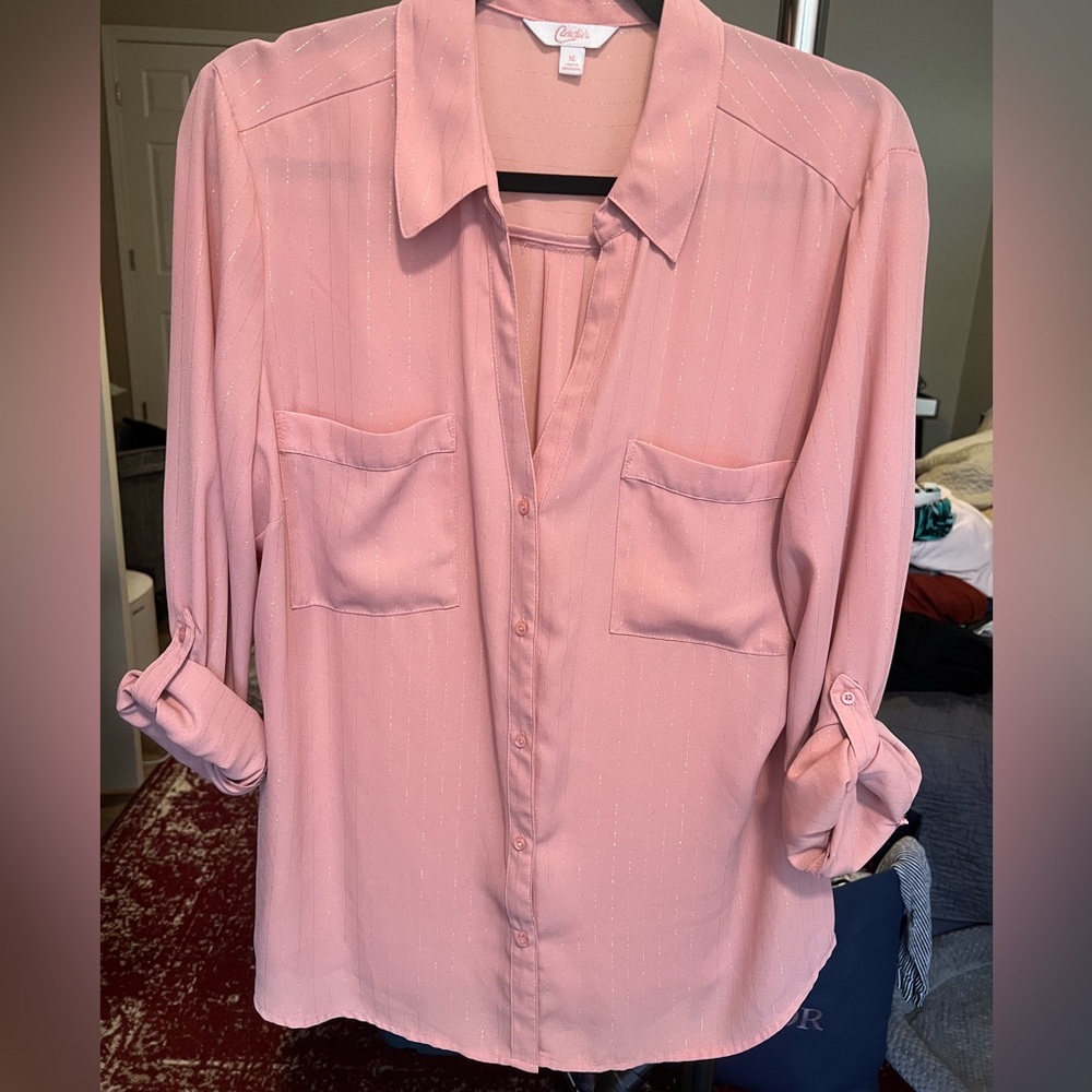 Pink and gold stripe button down v neck
